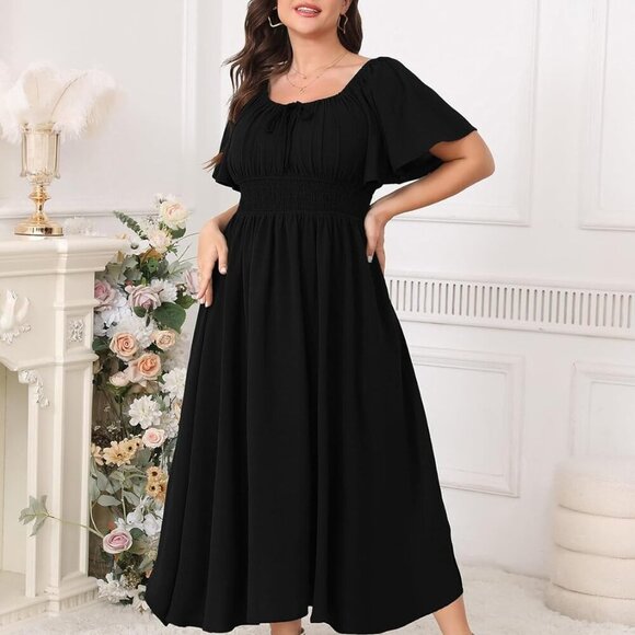 Plus Size Maxi Dress Polyester Short Sleeve Square Neck Smocked Boho Formal - Picture 3 of 6